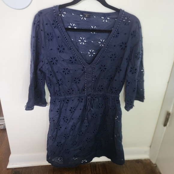 J.Crew V-Neck Beach Tunic Cover-up Eyelet Navy Cotton Small - Picture 1 of 12